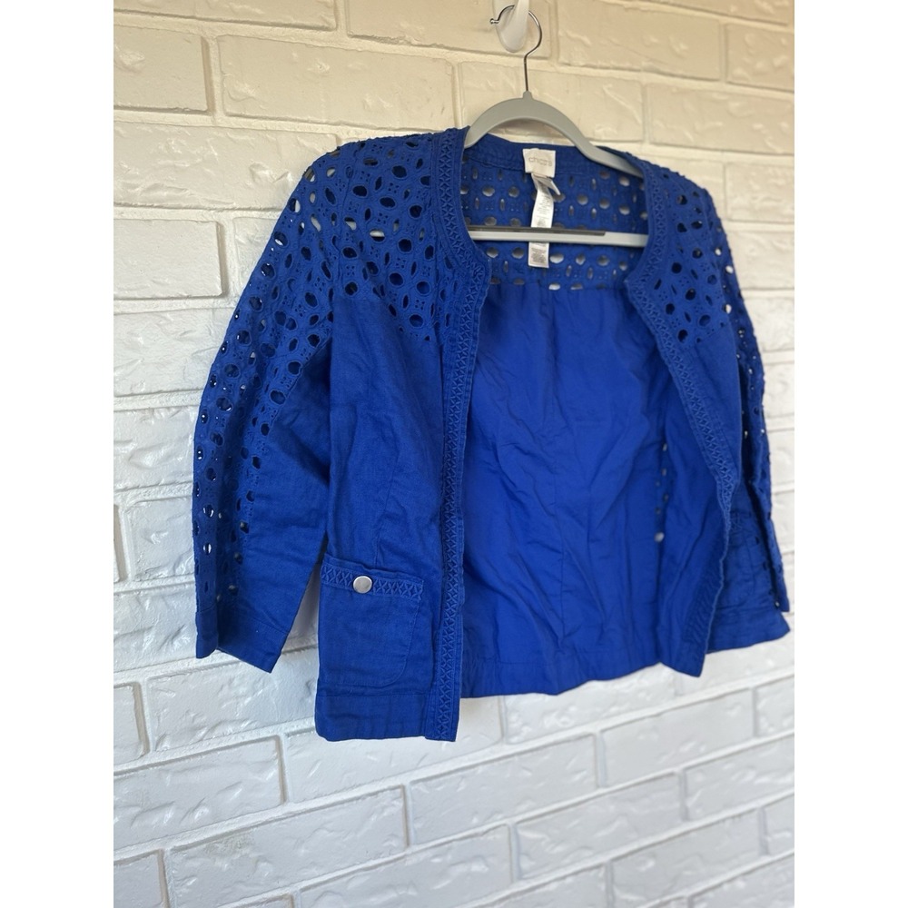 Chico's 0 Linen Eyelet Crochet Jacket Royal Blue Open Front 3/4 Sleeve Boho Chic - Picture 6 of 7